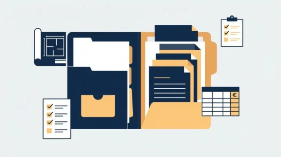 Illustration d'un dossier de consultation des entreprises incomplet avec des emplacements de pièces financières vides, dans un contexte de marchés publics BTP