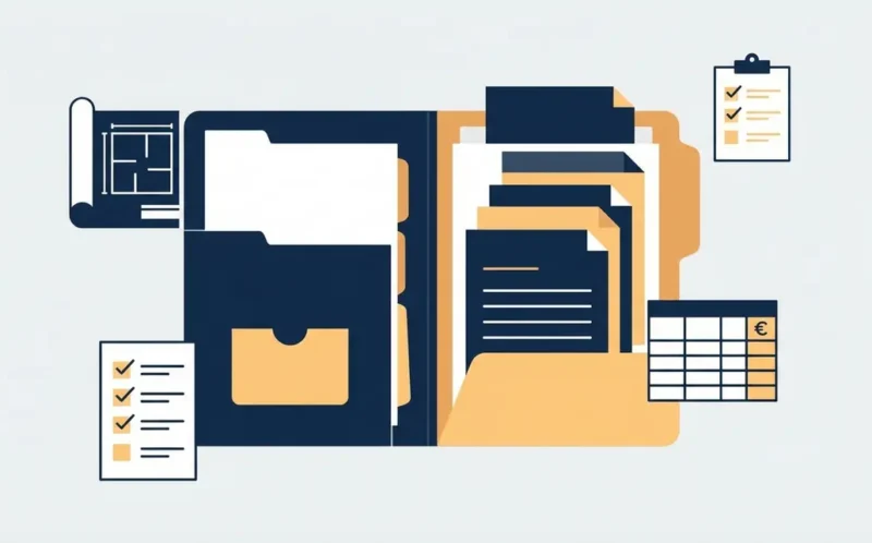 Illustration d'un dossier de consultation des entreprises incomplet avec des emplacements de pièces financières vides, dans un contexte de marchés publics BTP